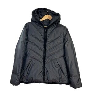 Quilted Down Hooded Puffer Jacket Rabbit Fur Trim Quiet Luxury Coat Black XL‎
